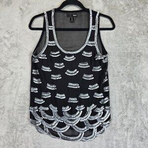 Aqua Tank Top Womens XS Black Beaded Sequin Scoop Neck Sheer Party Chiffon